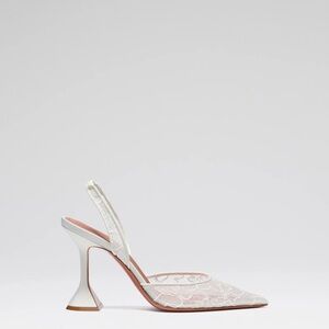 Amina Muaddi White Lace Slingback Heels